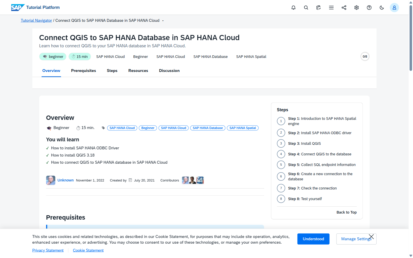 Tutorial in Fiori Object Page layout, with the ui5-wizard step indicator across the top, tabs for Overview / Prerequisites / Steps / Resources / Discussion, and the right-hand step nav
