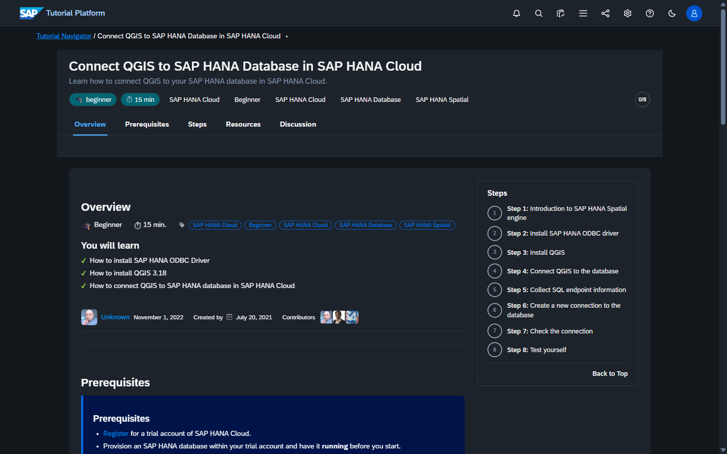 Tutorial Object Page in dark theme — dark navy background, light text, full chrome preserved
