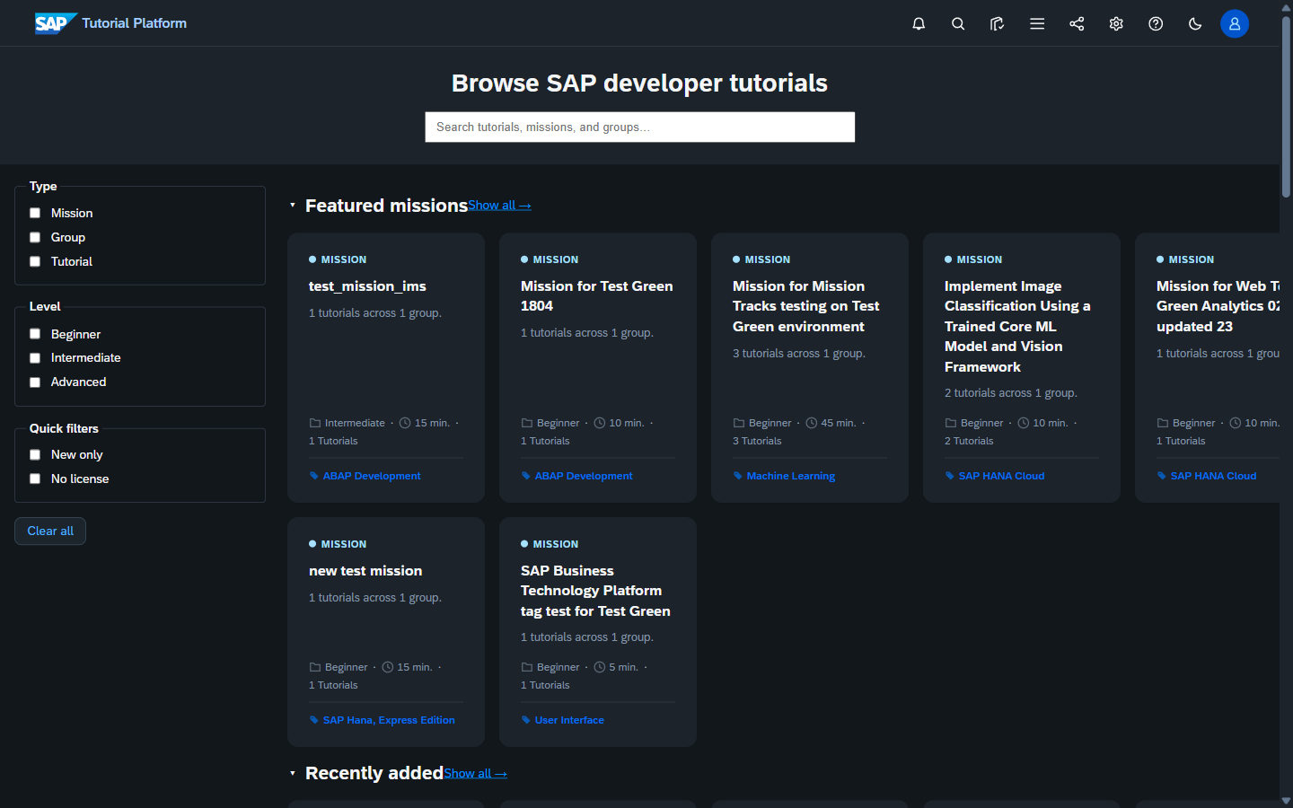 Browse page in dark theme — same grid layout, dark backgrounds, lighter chips and accents