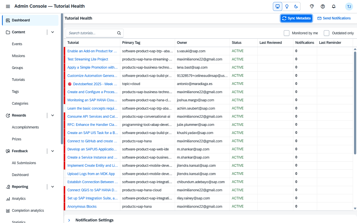 Admin Console — left sidebar tree (Dashboard / Content / Rewards / Feedback / Reporting / Operations) with Content expanded showing Events, Missions, Groups, Tutorials, Tags, Categories; main pane shows Tutorial Health table with columns Tutorial / Primary Tag / Owner / Status / Last Reviewed / Notifications