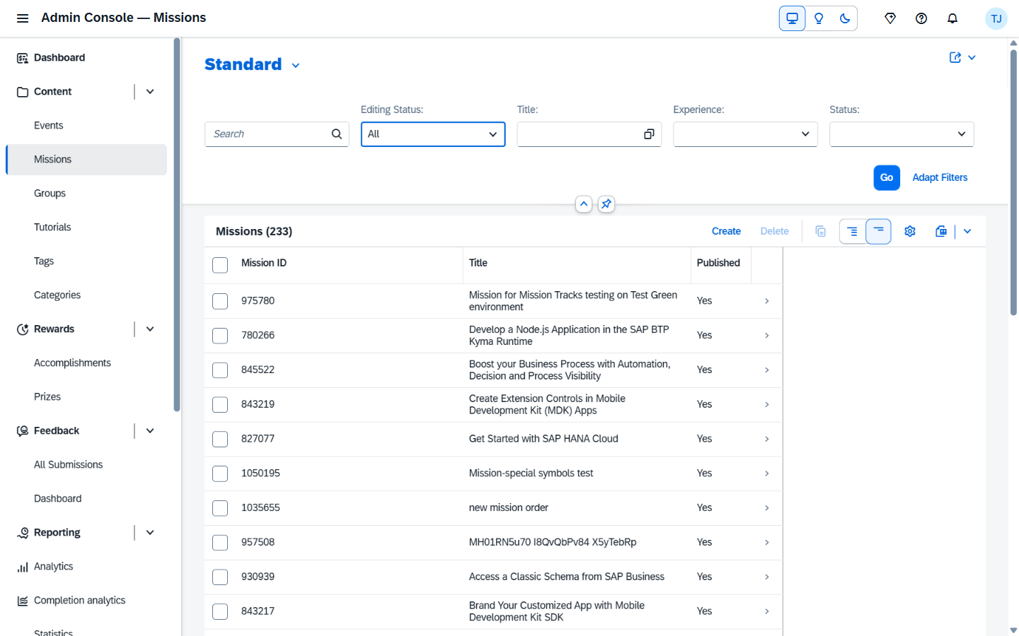 Missions admin app — list of missions with title, status, completionPath count, lastModified columns; standard Fiori filter bar across the top