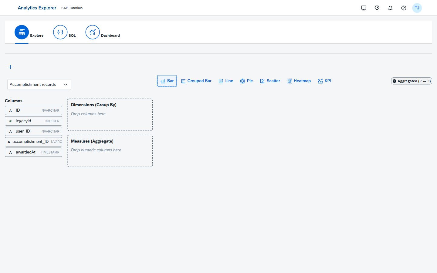 Analytics Explorer — top tab bar (Explore / SQL / Dashboard), entity dropdown set to "Accomplishment records", Columns rail listing ID/legacyId/user_ID/accomplishment_ID/awardedAt with type badges, Dimensions and Measures drop zones, chart-type ribbon (Bar / Grouped Bar / Line / Pie / Scatter / Heatmap / KPI)