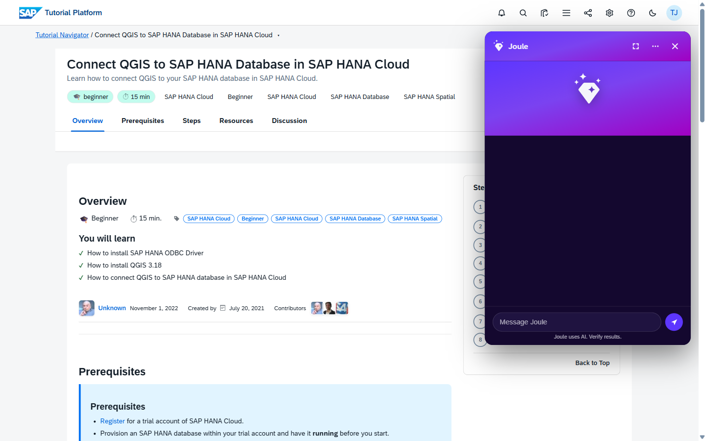 Joule chat panel docked on the right side of a HANA Cloud tutorial — purple-gradient header with the Joule mark, message input at the bottom labeled "Message Joule", inline disclaimer "Joule uses AI. Verify results."