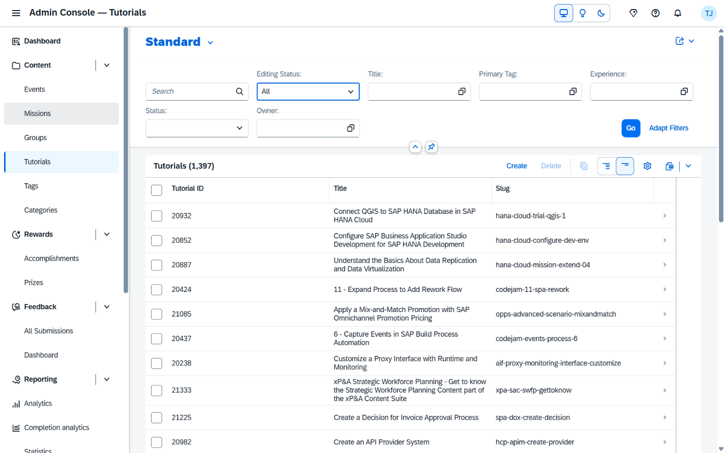 Tutorials Fiori Elements list view — filter bar, table of tutorials with slug / title / status / lastModified columns, Go button, standard Fiori UI chrome