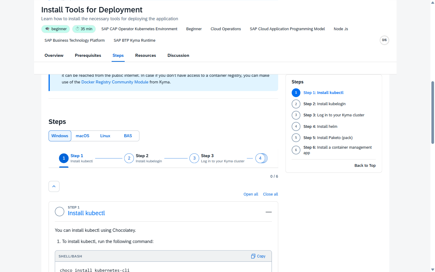OS picker on a BTP Kubernetes tutorial — a four-button ui5-segmented-button labeled Windows / macOS / Linux / BAS rendered above the Steps wizard, with Windows currently selected and the step content below showing "You can install kubectl using Chocolatey" and a  code block